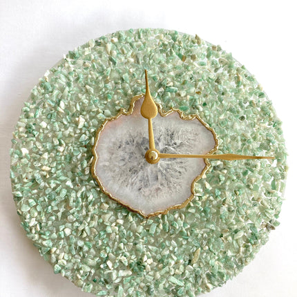 10" Diameter Large Light Green Crystal With White Agate Wall Clock